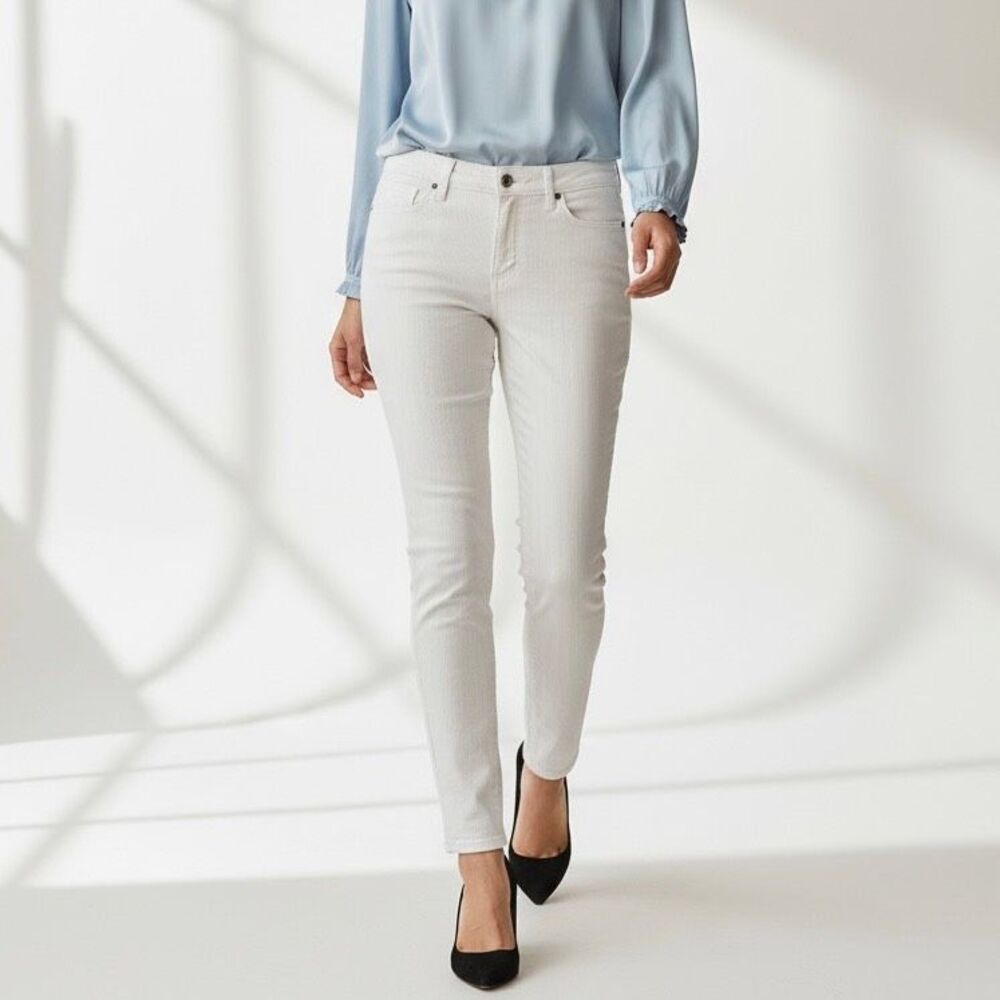 Cache Cream Skinny Jean Pants Shimmery Metallic Pinstripes 10 Made in USA Preppy - Picture 1 of 13